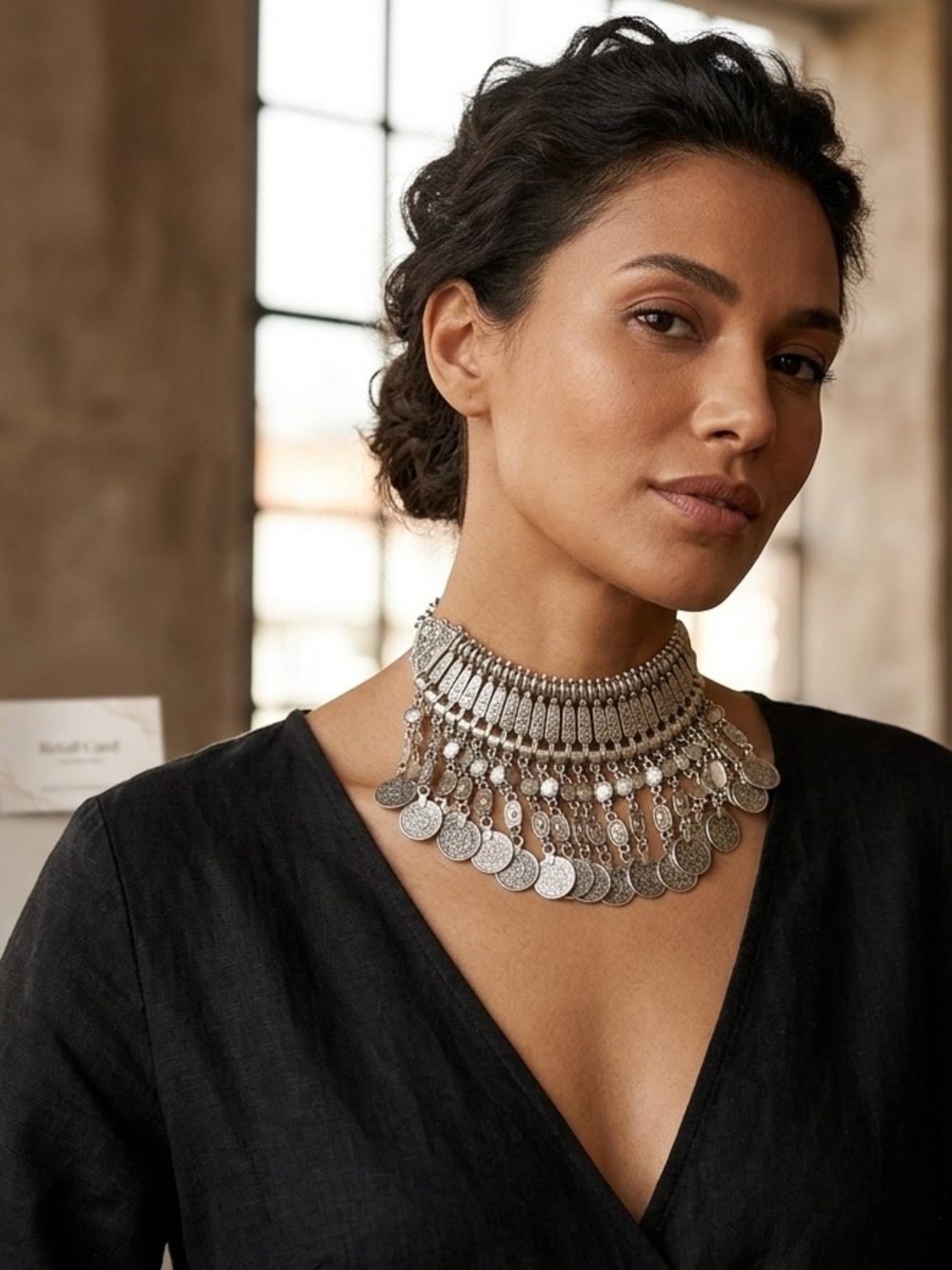Boho Coin Fringe Statement 
Necklace vintage. Tribal Silver Tone
Bib Necklace